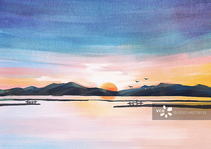 水彩手绘日落时分的江面和山川图片素材