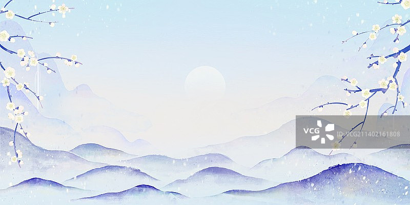 新中式写意清新水墨山水白梅盛开图片素材