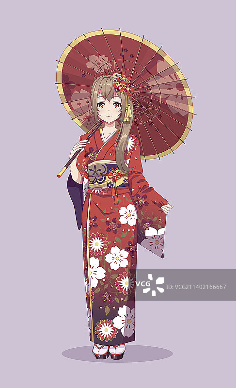 穿和服拿纸伞的动漫女孩图片素材