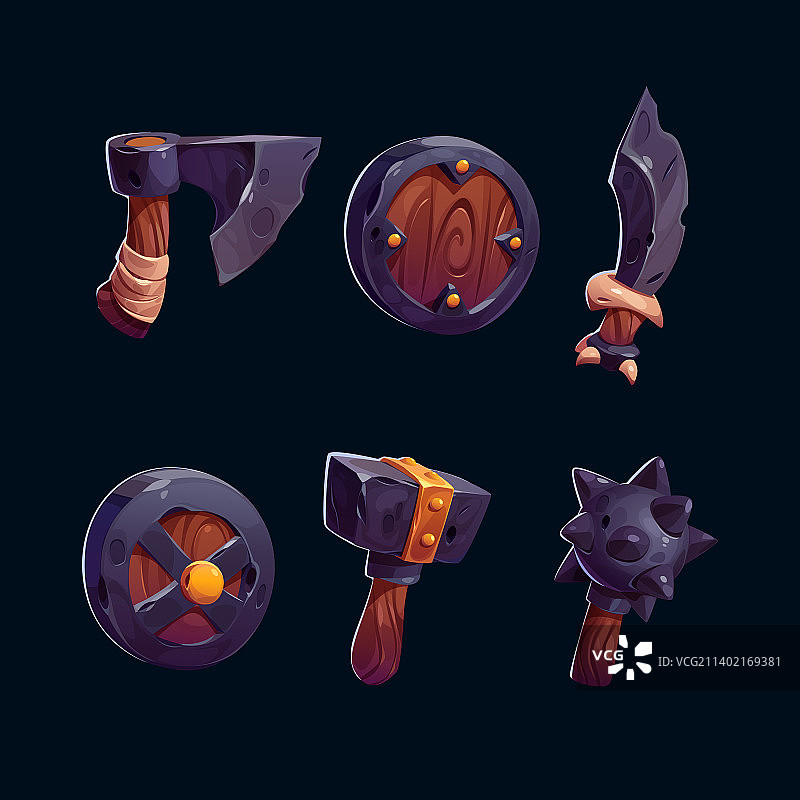 黑色背景上的古代武器卡通套装图片素材