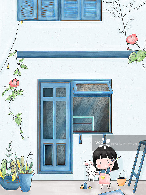 院子里玩耍的绘画小女孩图片素材