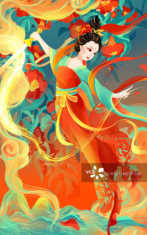 十二月令花神石榴花公孙大娘舞剑国风插画图片素材