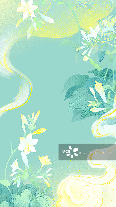 十二月令花卉玉簪花祥云手绘插画图片素材