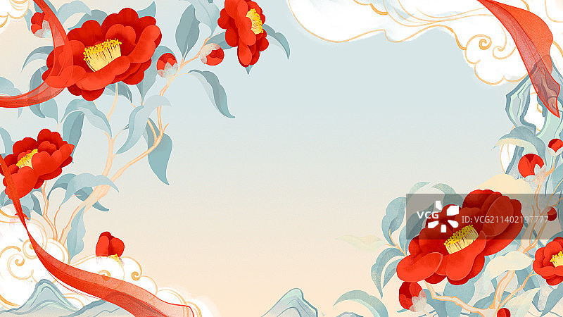 十二月令花卉红山茶花祥云石手绘插画图片素材