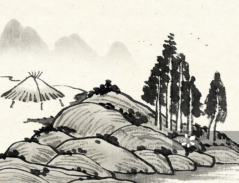 水墨山水风景插画图片素材
