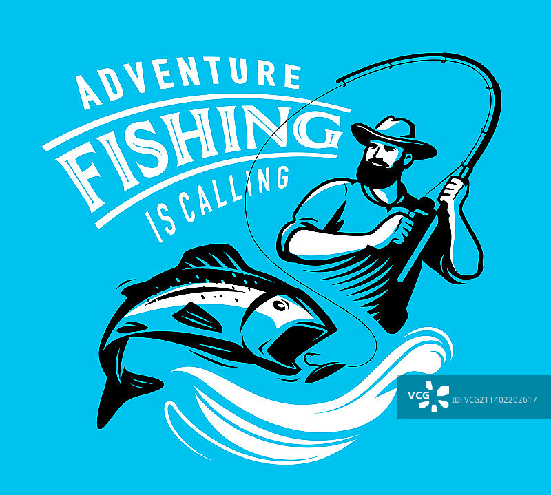 渔夫用鱼竿钓鱼标志图片素材