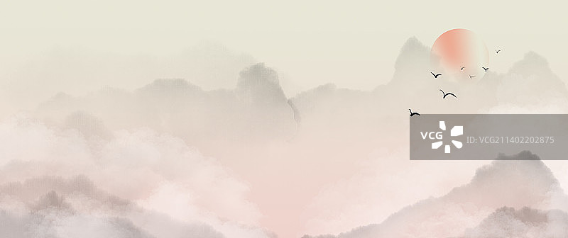 新中式风格水墨山水风景插画素材模板海报图片素材