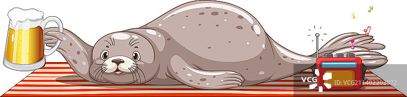 可爱的海豹喝啤酒听收音机图片素材