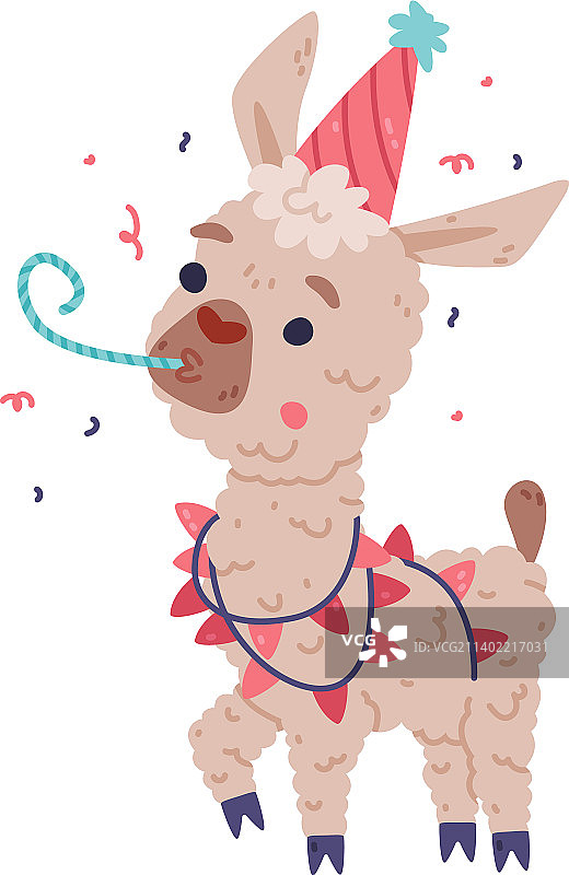 戴着派对帽的可爱蓬松小羊驼图片素材