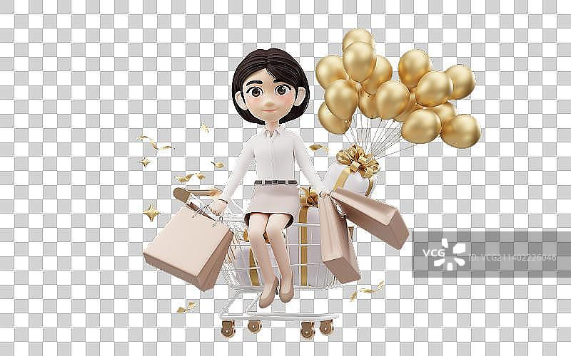 卡通女孩与购物主题3D渲染图片素材