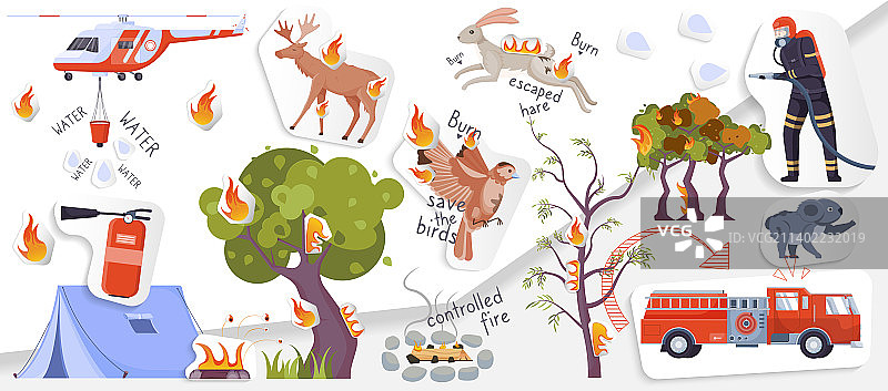 森林火灾扁平拼贴图标集图片素材