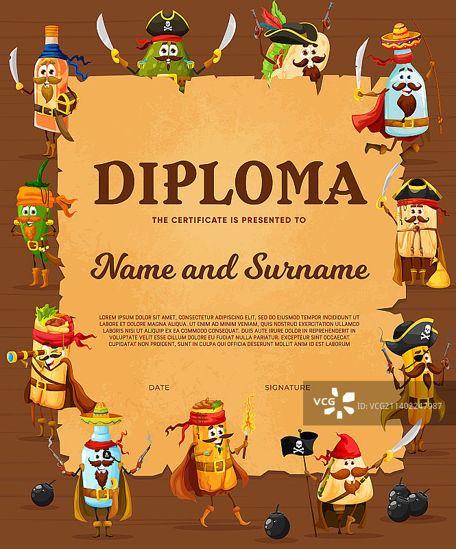 儿童文凭与墨西哥食物海盗角色图片素材