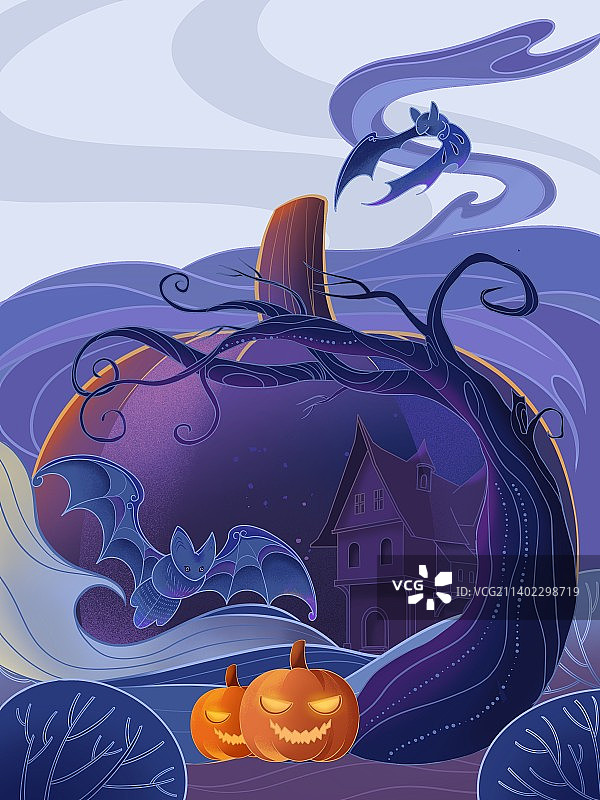 户外夜晚树下南瓜蝙蝠图片素材