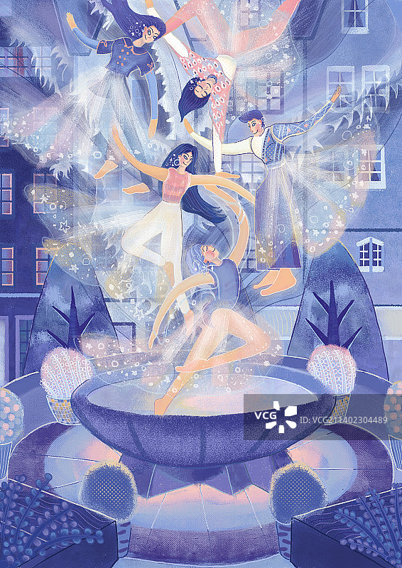 五个人在喷水池狂舞的想象图片素材