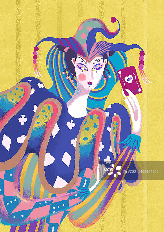 一个手持扑克牌的小丑女图片素材