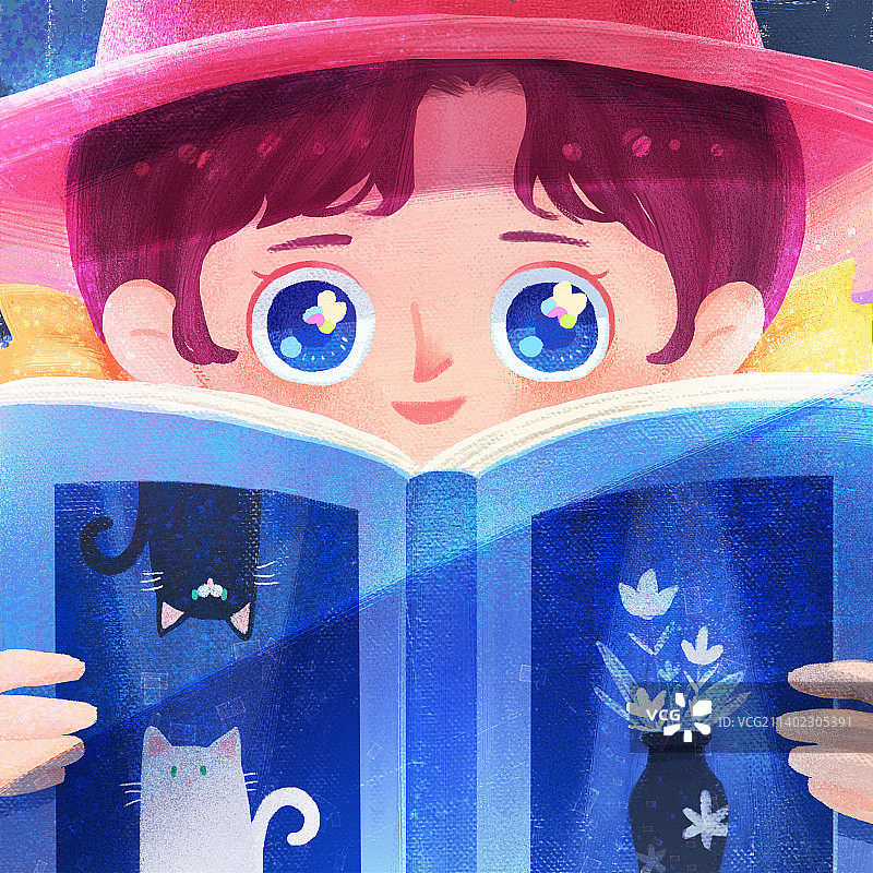 小女孩在读猫咪童话绘本图片素材