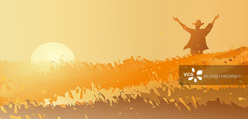 农民在黄昏的田野张开双手迎接夕阳图片素材