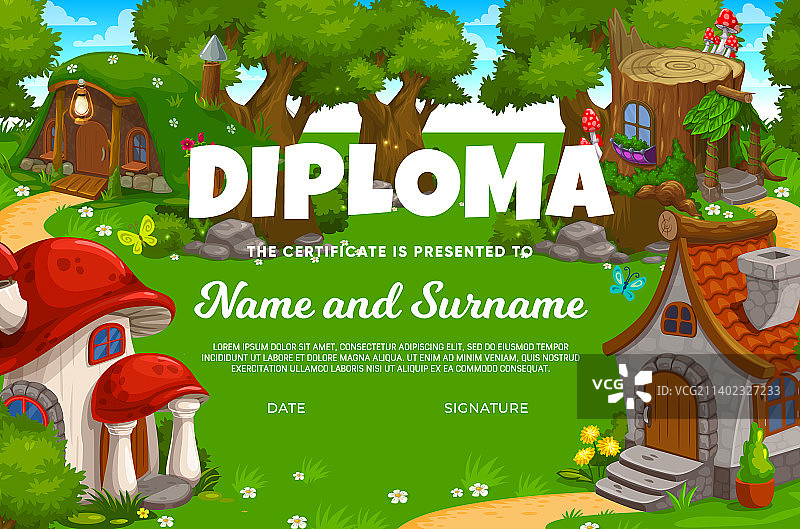 儿童文凭卡通石头蘑菇树桩房子图片素材