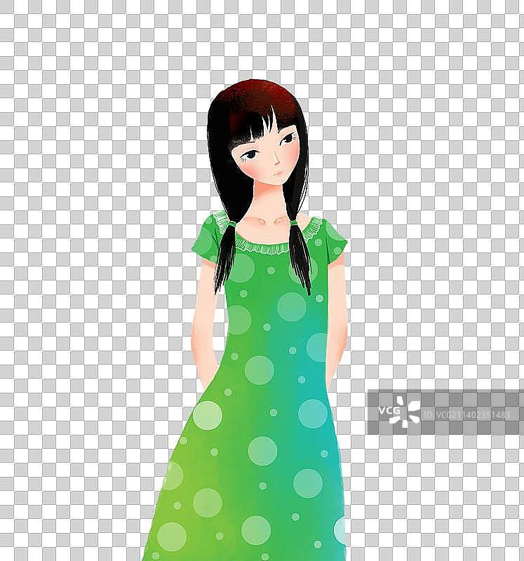背着手的穿绿裙子的女孩图片素材