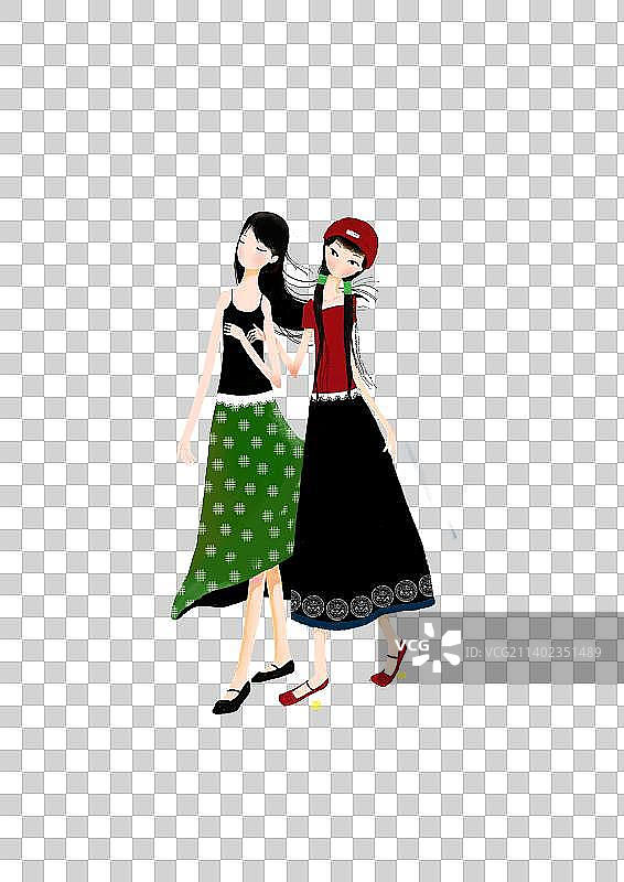 手挽着手出去散步的闺蜜图片素材