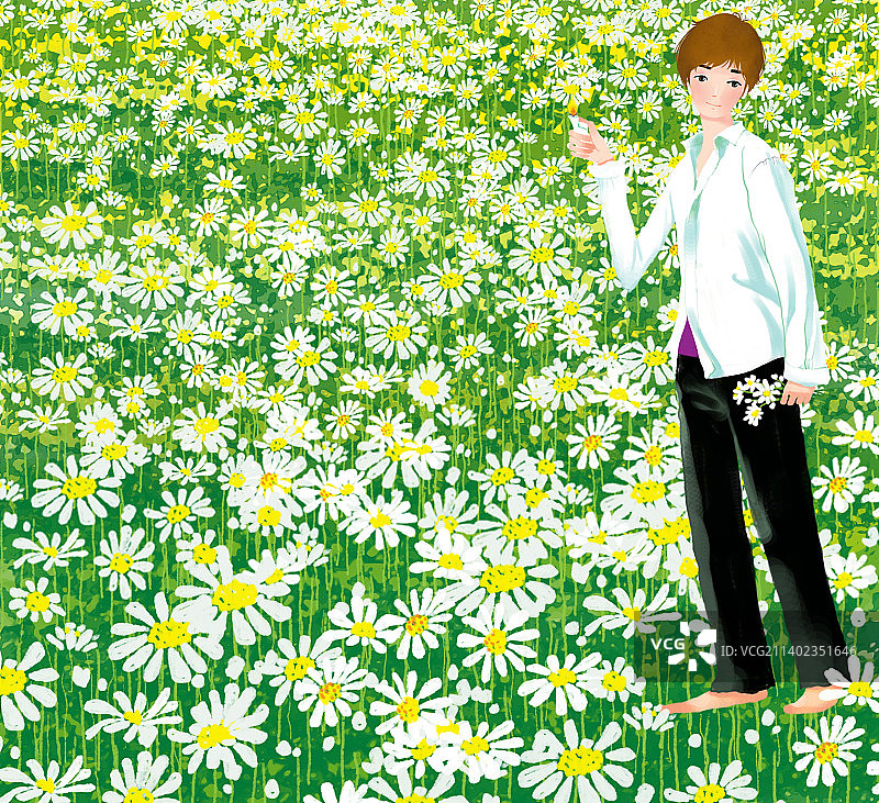 站在花丛中的穿白衬衣的男生图片素材