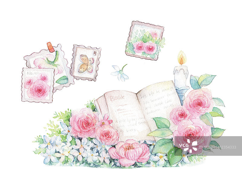 水彩手绘一本打开的书籍和环绕的鲜花图片素材