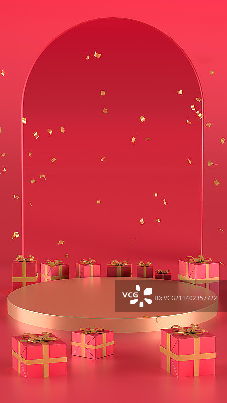 红色概念电商礼盒产品展台场景图片素材