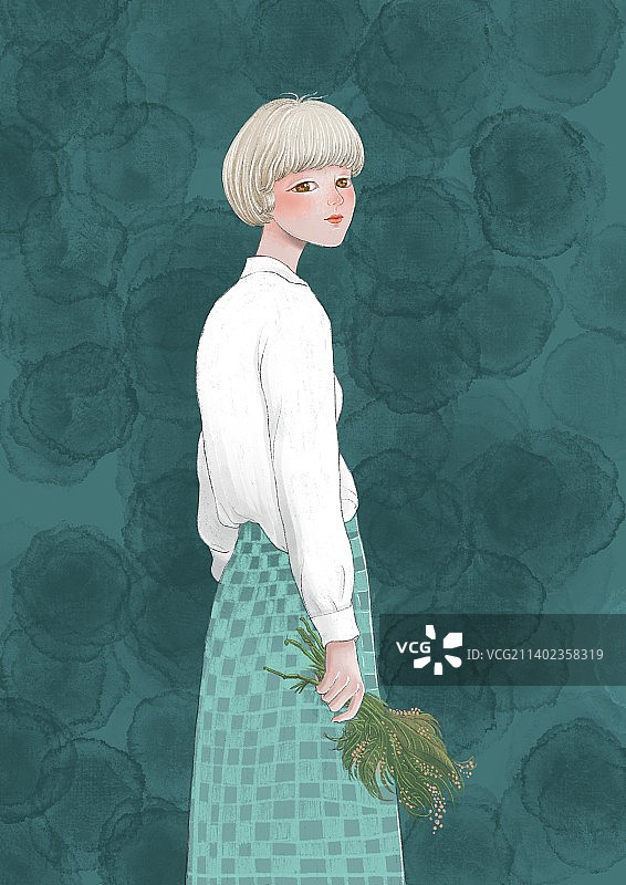 女孩拿花回头看图片素材