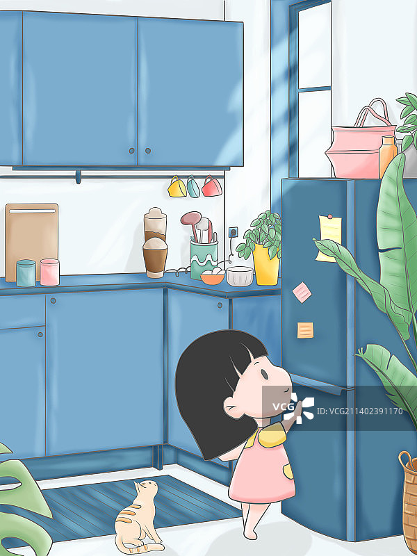 厨房里想打开冰箱吃东西的小女孩图片素材