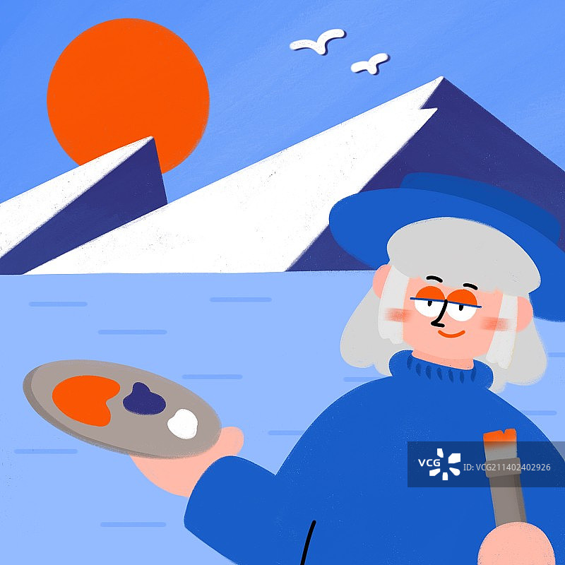 用调色盘和画笔绘画山水风景的蓝衣服画家女孩扁平简约可爱插画图片素材