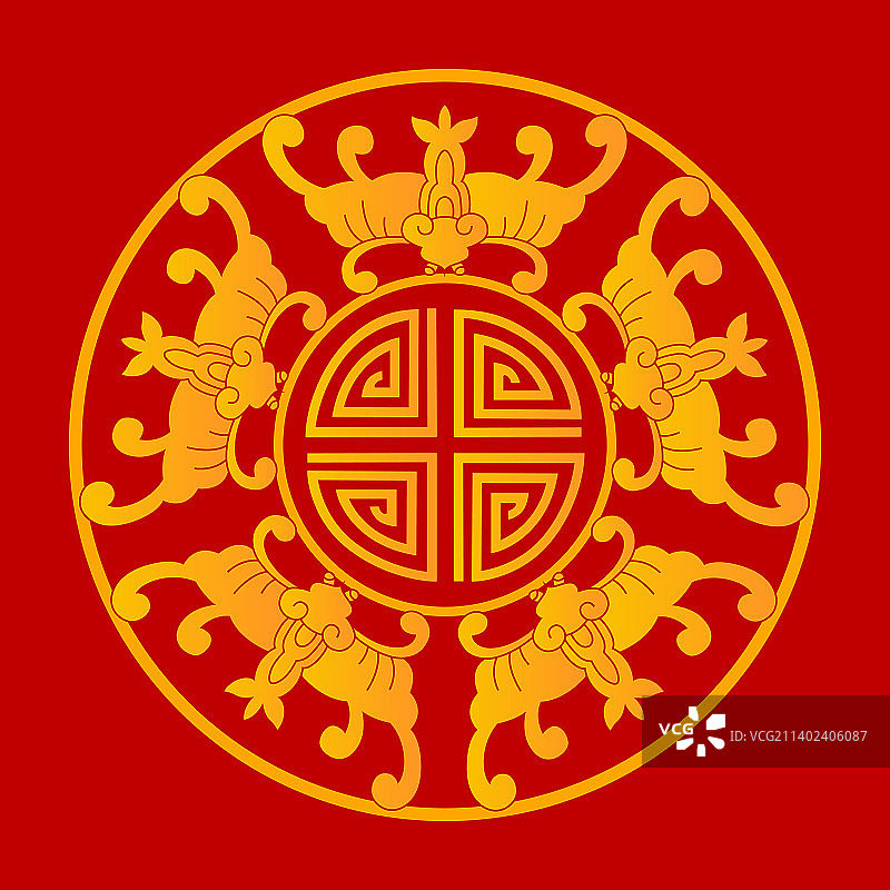 红底金色中国传统纹样五福贺寿花纹图片素材