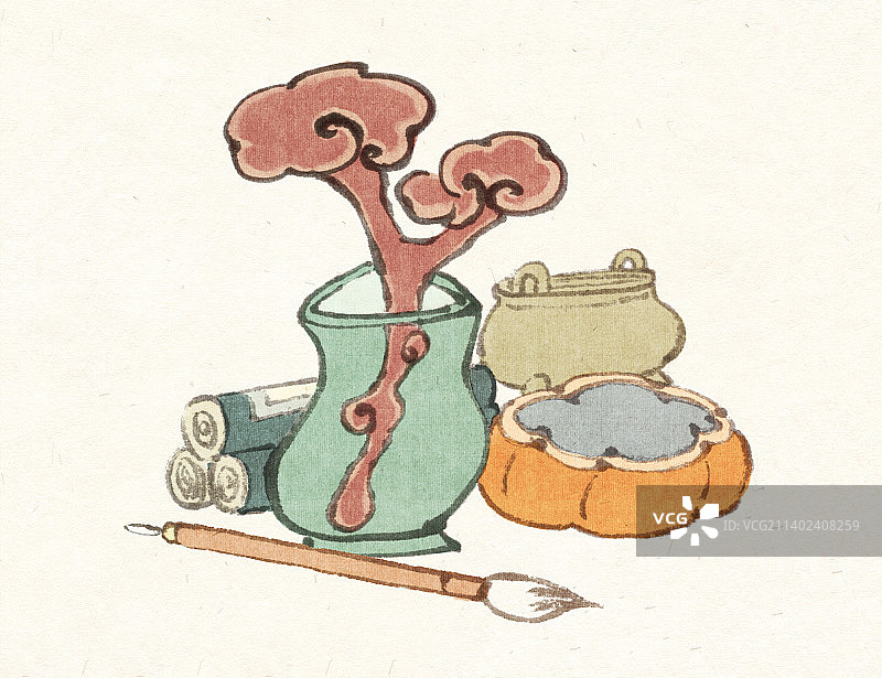 水墨画古代文人书房雅趣把玩小摆件图片素材