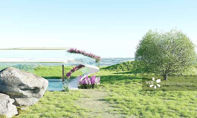 3D渲染海边自然风光观景阳台场景背景图图片素材