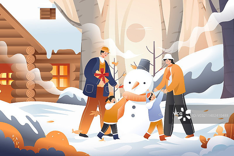 卡通冬天冬天家庭亲子堆雪人回家团圆过年送礼年货节雪景风景自然春运出行新年春节元旦传统中国风矢量插画图片素材