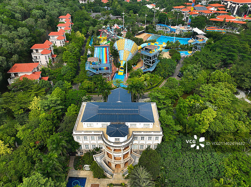 广东省河源市客天下国际旅游度假区温泉酒店恐龙水晶桥航拍图片素材