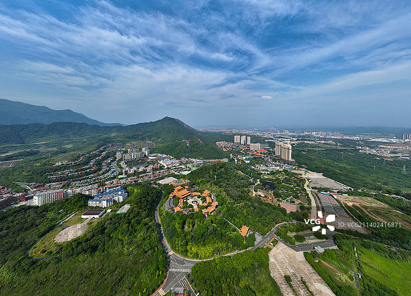 广东省河源市客天下国际旅游度假区巴伐利亚庄园福源寺航拍图片素材