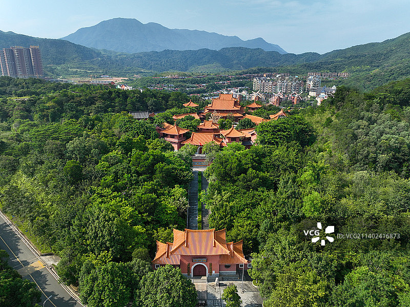 广东省河源市客天下国际旅游度假区巴伐利亚庄园福源寺航拍图片素材
