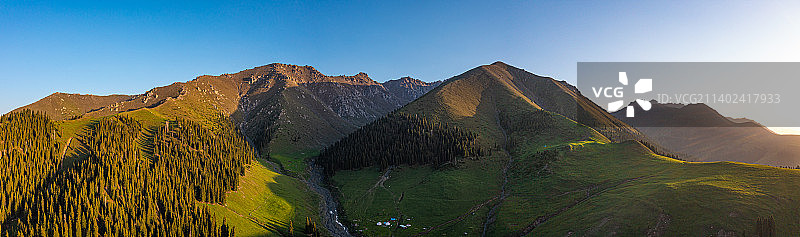 航拍：新疆天山大峡谷 国家森林公园 夕阳下的森林图片素材