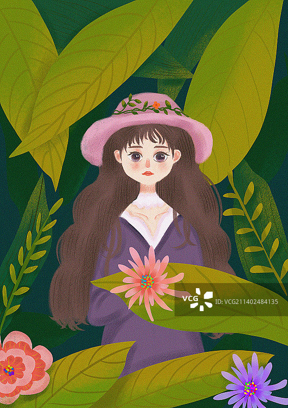 简约植物和少女结合的森系插画图片素材