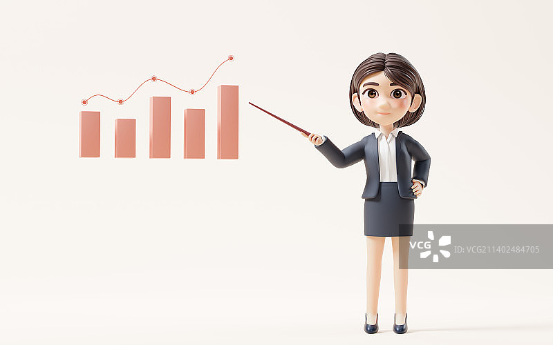 卡通商务女性与理财概念3D渲染图片素材