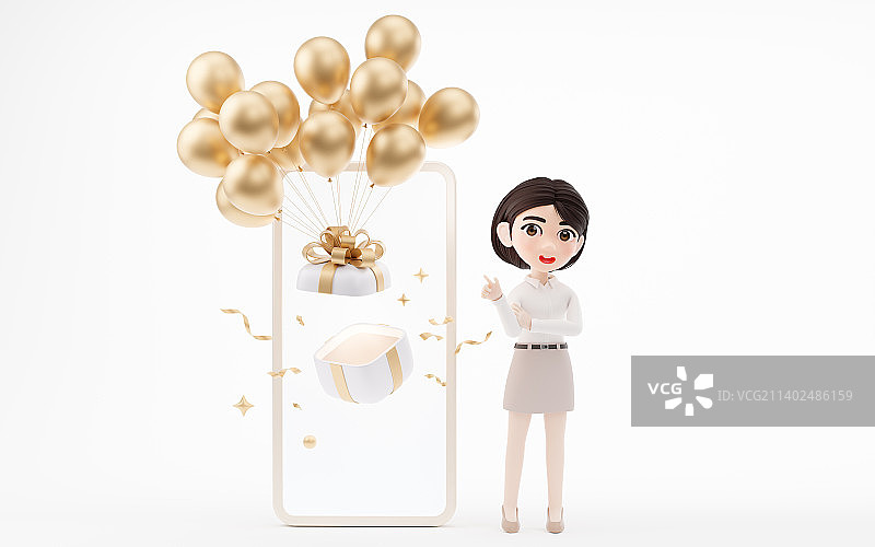 卡通女孩与礼物盒3D渲染图片素材