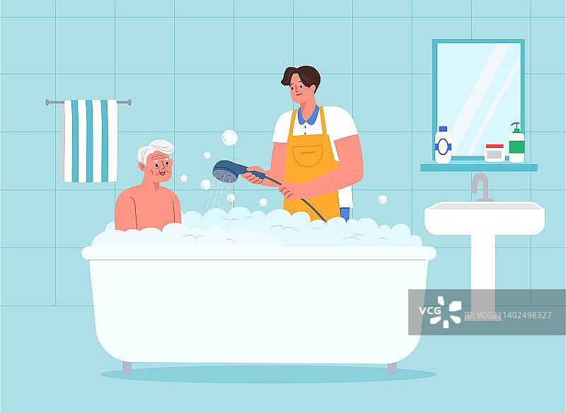 年长的老人健康护理，看护人员帮助老人洗澡图片素材