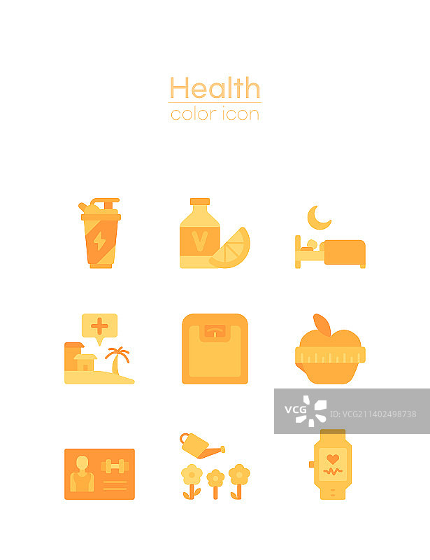 健康、饮食和健身主题_橙色和黄色扁平风格图标集图片素材