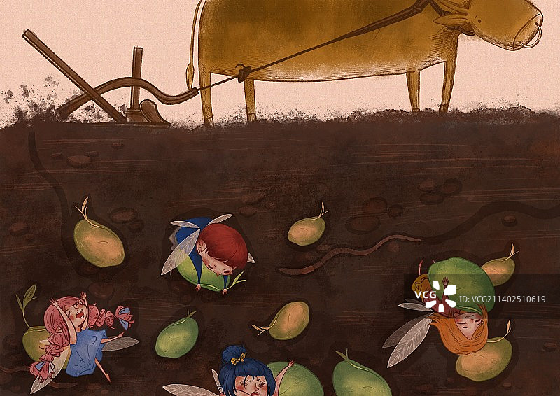 立春二十四节气插画大地复苏蚯蚓黄牛种子发芽图片素材