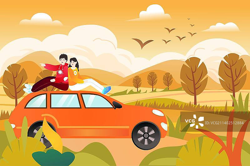 卡通电商秋天节气踏秋秋游情侣度假旅游自驾游放松休闲家人亲子游矢量插画图片素材