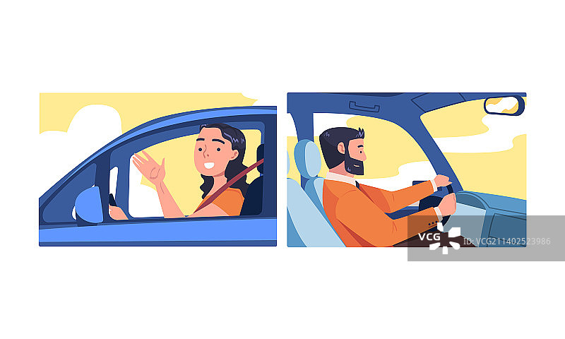 驾驶汽车的快乐男人和女人图片素材