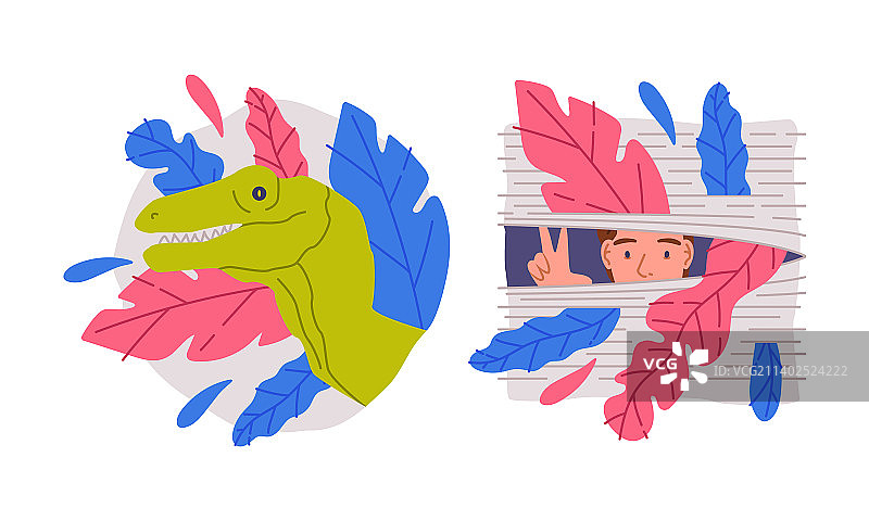 躲在灌木丛中的恐龙，女人在看图片素材