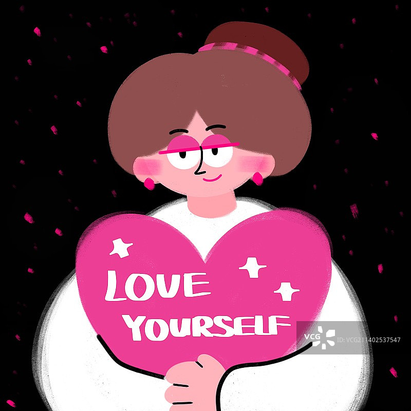 穿着白色毛衣梳丸子头抱着粉色爱心的治愈女孩简约可爱扁平插画图片素材