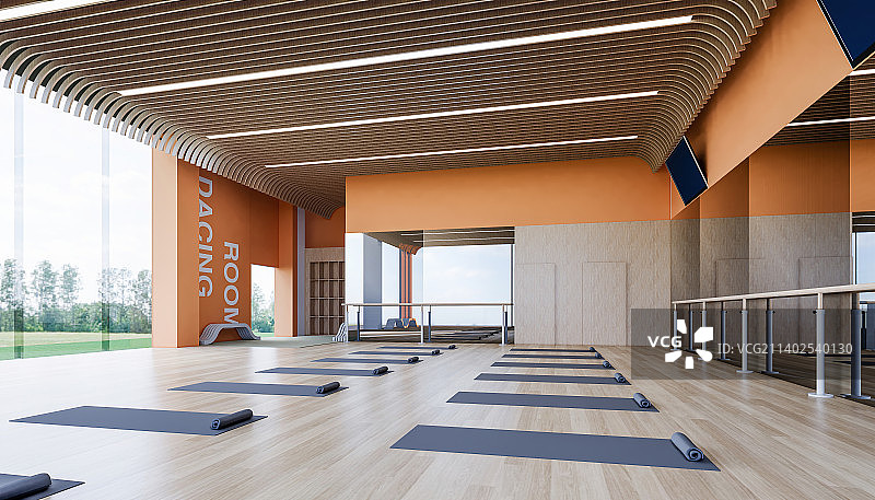 现代风格瑜伽练习室空房间 健身室内有大镜子和窗户图片素材