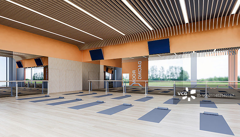 现代风格瑜伽练习室空房间 健身室内有大镜子和窗户图片素材